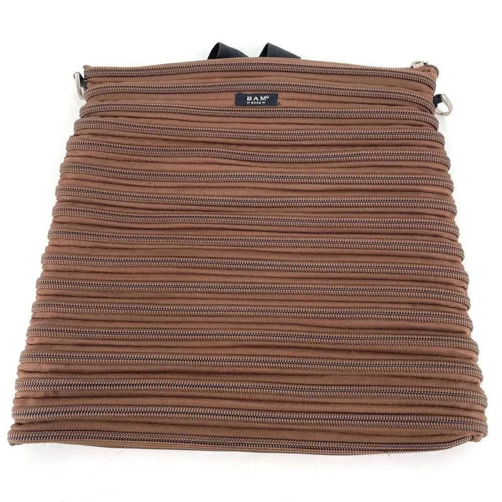 Bam‎ Bags Unisex Nylon Zippered Purse Crossbody Tote Messenger Bag Brown Large